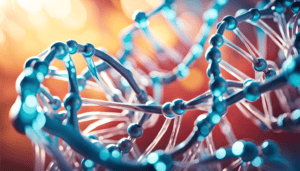 Vibrant close‑up illustration of glowing blue DNA strands against a warm background, symbolizing cellular repair, peptides, and regenerative processes.