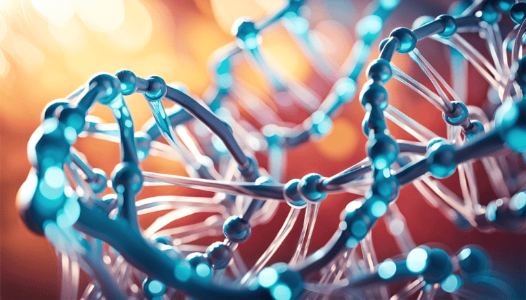 Vibrant close‑up illustration of glowing blue DNA strands against a warm background, symbolizing cellular repair, peptides, and regenerative processes.