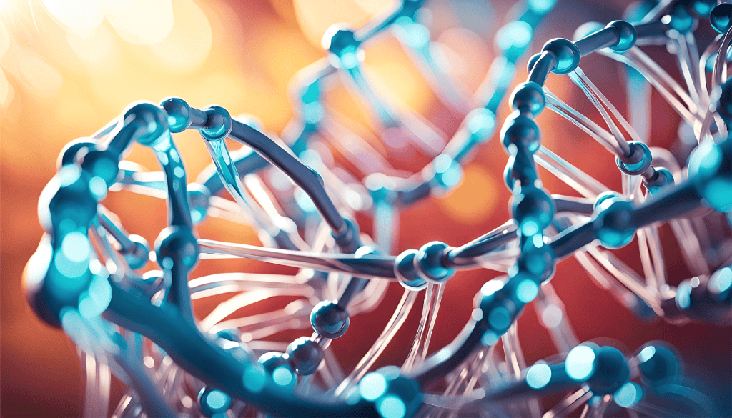 Vibrant close‑up illustration of glowing blue DNA strands against a warm background, symbolizing cellular repair, peptides, and regenerative processes.