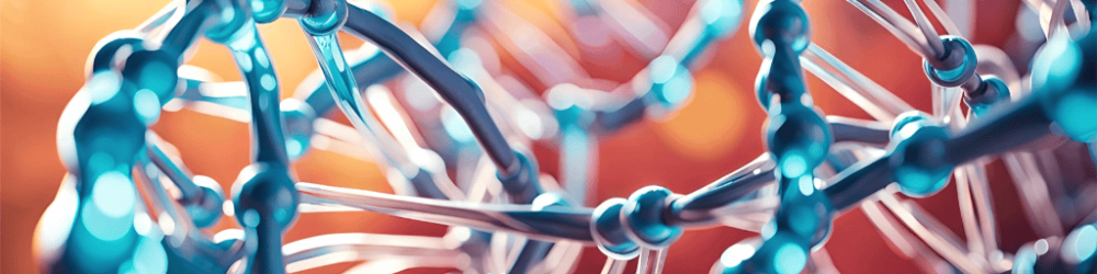 Vibrant close‑up illustration of glowing blue DNA strands against a warm background, symbolizing cellular repair, peptides, and regenerative processes.